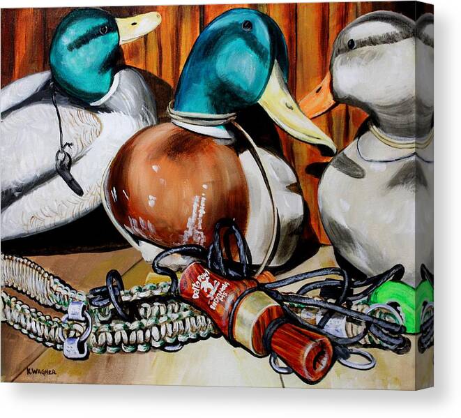Duck Calls Canvas Print featuring the painting Duck Decoys and Call Still Life by Karl Wagner
