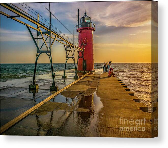 Lighthouse. Great Lakes. Lake Michigan Canvas Print featuring the photograph Evening at South Haven Light by Nick Zelinsky Jr