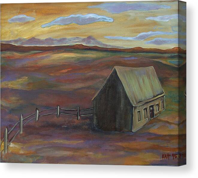 Katt Yanda Original Art Landscape Oil Painting House Fence Sky Open Land Mountains Canvas Print featuring the painting House with Fence and Sky by Katt Yanda