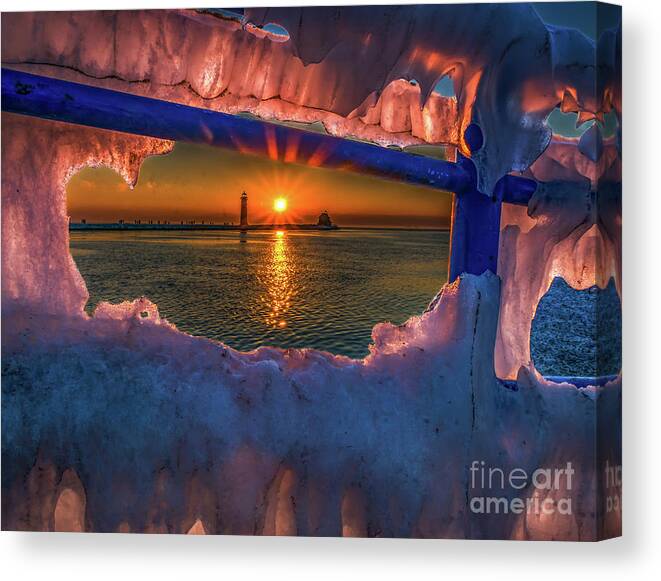 Grand Haven Canvas Print featuring the photograph Icy Sunset at Grand Haven by Nick Zelinsky Jr