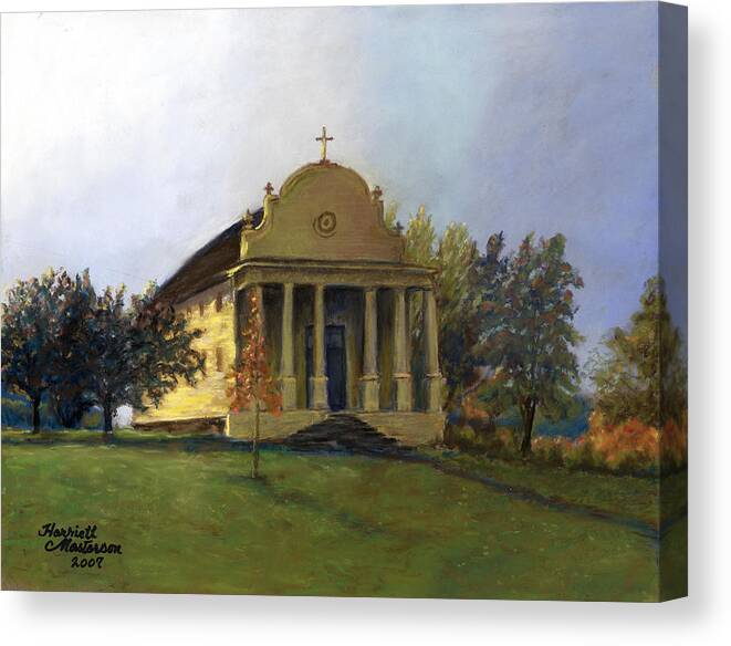 Sacred Heart Mission Canvas Print featuring the pastel Morning Light at Cataldo by Harriett Masterson