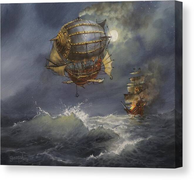 Airship Canvas Print featuring the painting Airship Attack by Tom Shropshire