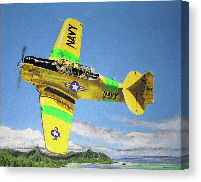 Airplane Canvas Print featuring the painting U S Navy S N J 6- Kaneohe Bay by Karl Wagner