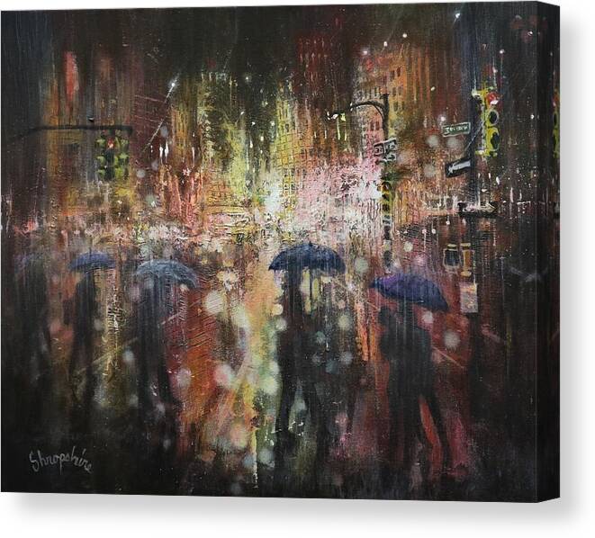 City At Night Canvas Print featuring the painting Another Stormy Night by Tom Shropshire