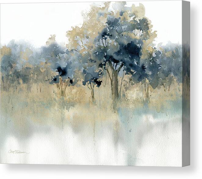 Navy Soft Sage Watercolor Gold Foil Embellished Landscape Tree Line Water Reflections Canvas Print featuring the painting Waters Edge 1 by Carol Robinson