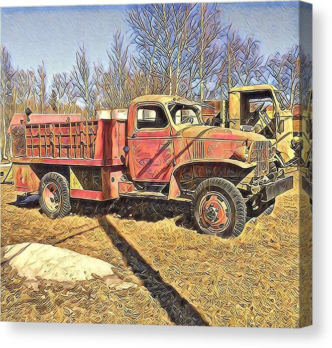 Digital Art; Canol Pipeline; Old Vehicle; Truck; History; Northwest Territories; Yukon; Canol Trail; Canvas Print featuring the digital art Days of Old Canol Pipeline Project by Barb Cote