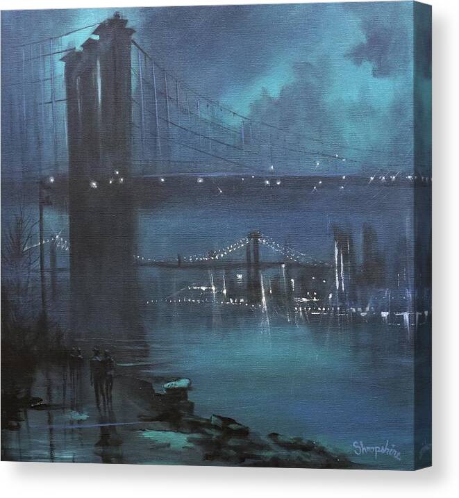 Brooklyn Bridge Canvas Print featuring the painting Brooklyn Bridge In Fog by Tom Shropshire