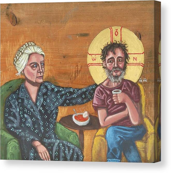 Dorothy Day Canvas Print featuring the painting Don't Call Me a Saint- Dorothy day with Homeless Christ by Kelly Latimore