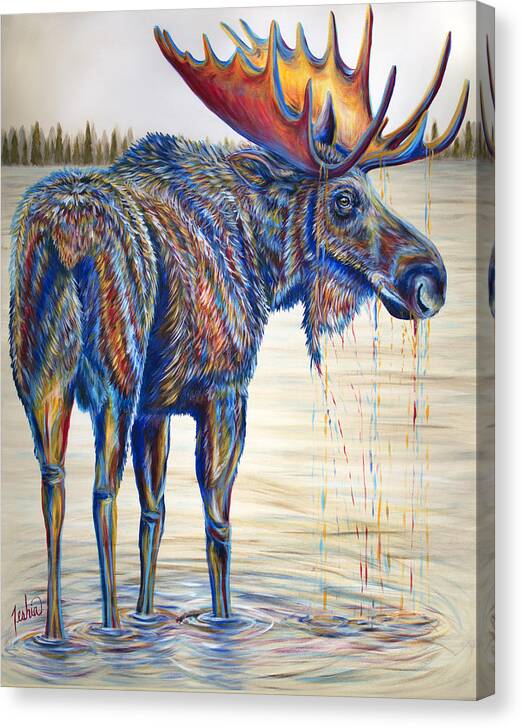 Moose Canvas Print featuring the painting Moose Gathering, 2 Piece Diptych- Piece 1- Left Panel by Teshia Art
