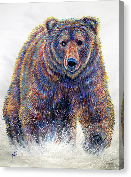 Colorful Charging Grizzly Bear Canvas Print featuring the painting In Charge by Teshia Art