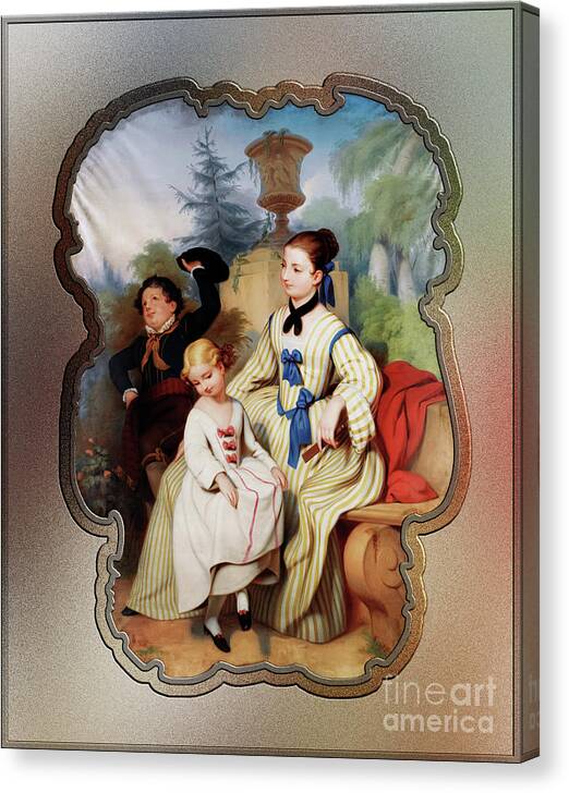 Girl Canvas Print featuring the painting Girl With A Fan And Two Children In Elegant Dress Remastered Retro Art Xzendor7 Reproductions by Rolando Burbon