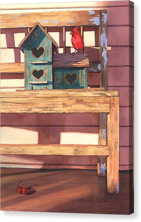 Birdhouse Canvas Print featuring the painting 1 Cardinal 2 Cherries by Marguerite Chadwick-Juner