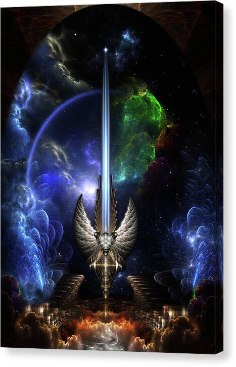 Angel Wing Sword Of Arkledious Canvas Print featuring the digital art The Angel Wing Sword Of Arkledious Space Fractal Art Composition by Rolando Burbon