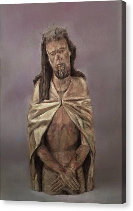 Religious - Christ - Jesus - Pastel On Paper - Carved Sculpture - Christ - Folk Art - Ecce Homo- Carved Wooden Christ- Santo Crsito- Man Of Sorrows Canvas Print featuring the drawing Viejo Cristo by Paez ANTONIO