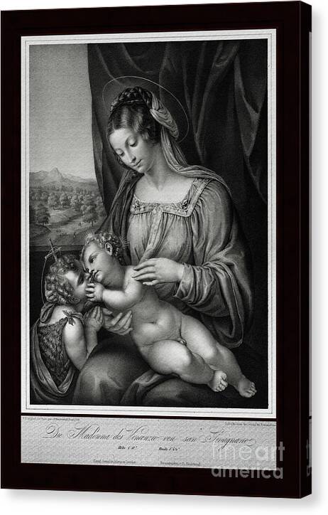Virgin And Child Canvas Print featuring the painting The Virgin and Child,With Infant Saint John the Baptist by Engraver Franz Hanfstangl Classical Art by Rolando Burbon