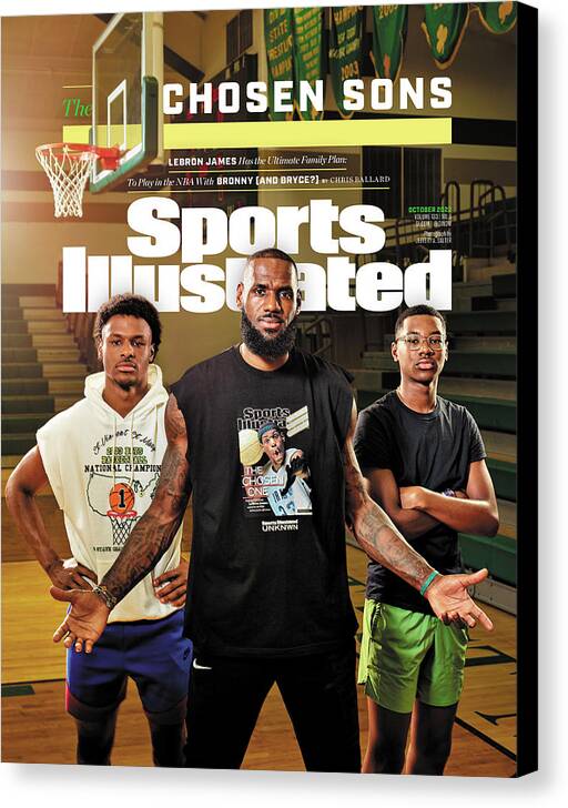Photo Shoot Canvas Print featuring the photograph Los Angeles Lakers LeBron James,, Sierra Canyon School Bronny James and Bryce James Cover by Sports Illustrated