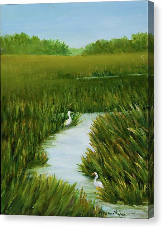 Egrets In Marsh. Summer Marsh With Egrets Canvas Print featuring the painting Egrets Respite by Audrey McLeod