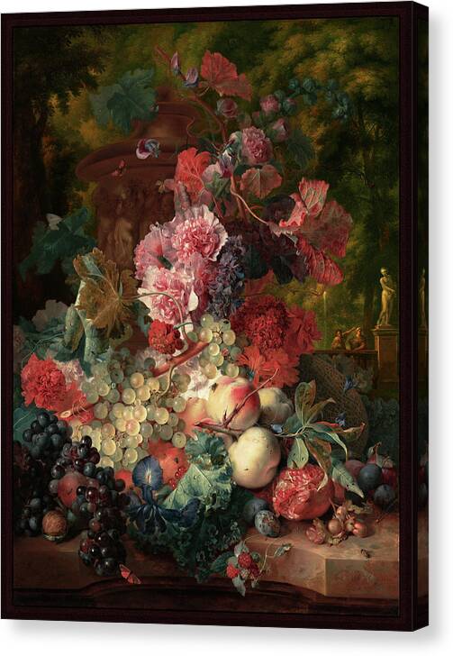 Vase Of Flowers Canvas Print featuring the painting Fruit Piece by Jan van Huysum by Xzendor7