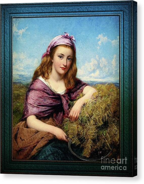Farm Girl Canvas Print featuring the painting Farm Girl with Sickle and Cut Flowers by Edward John Cobbett Classical Art Old Masters Reproduction by Rolando Burbon