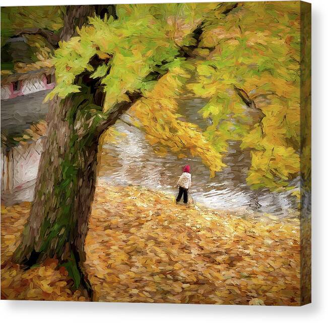 Autumn Photography #artistic Fall#charm Of Autumn #colours Splendour #phoyo Art#photo Painting #city Scene #riga #bastion Hill#city Channel #chidhood #knowing Of Life # Canvas Print featuring the mixed media Autumn City Of Childhood Riga Latvia by Aleksandrs Drozdovs