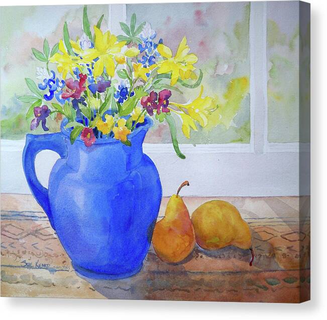 Still Life Canvas Print featuring the painting Blue Pitcher With Pears by Sue Kemp