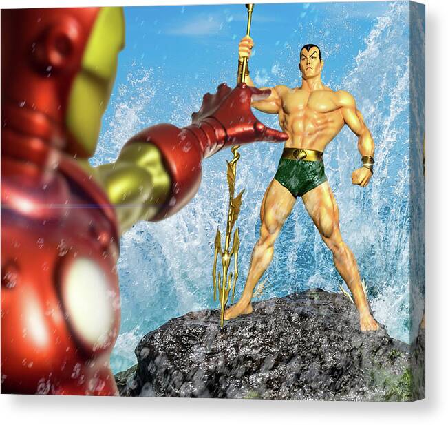 Ocean Canvas Print featuring the digital art Iron Man vs. Namor by Blindzider Photography