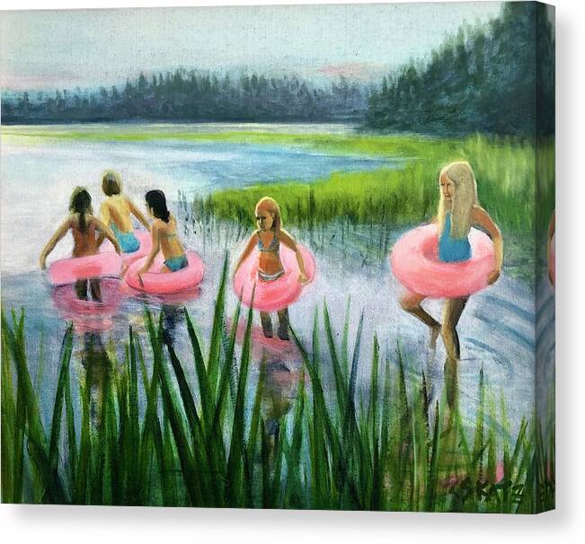 Pink Floaties Canvas Print featuring the painting Scoby Pond Birthday by Cyndie Katz