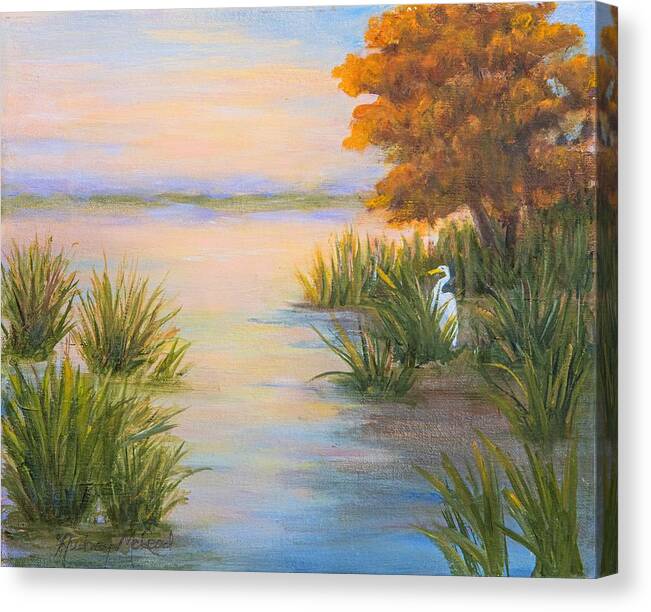 Light Coral Colors Over The Marsh Canvas Print featuring the painting Sunset at the Marsh by Audrey McLeod