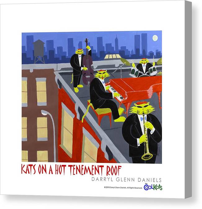 Cats Canvas Print featuring the painting Kats On A Hot Tenement Roof by DG Daniels