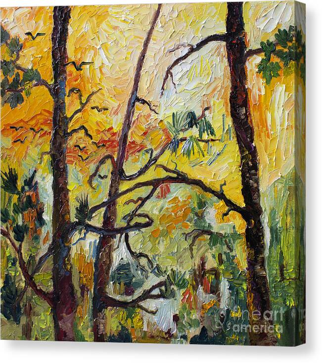 Sunsets Canvas Print featuring the painting Hot Summer Sunset Through The Pines by Ginette Callaway