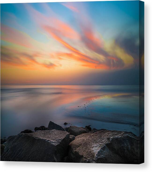 California; Long Exposure; Ocean; Reflection; San Diego; Seascape; Sunset; Surf; Clouds Canvas Print featuring the photograph Ponto Jetty Sunset - Square by Larry Marshall