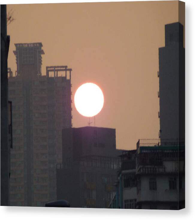 Skyline Canvas Print featuring the photograph sunset over Hong Kong city by Catherine Laydon