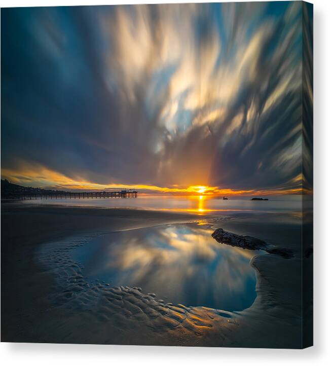 California; Sunset; Clouds; Seascape; La Jolla; Surf; Ocean; San Diego; Waves Canvas Print featuring the photograph Sunset Reflections in San Diego square version by Larry Marshall