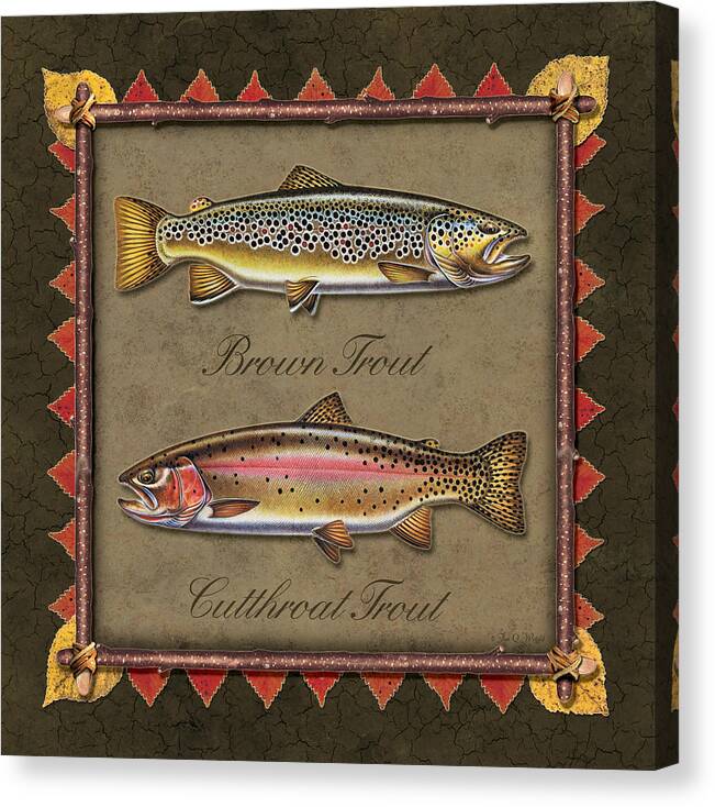 Jon Q Wright Jq Licensing Trout Fly Flyfishing Brown Trout Rainbow Trout Brook Trout Cutthroat Trout Fishing Lodge Cabin Canvas Print featuring the painting Brown and Cutthroat Trout by JQ Licensing