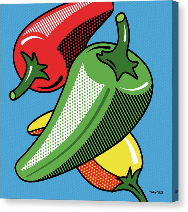 Pop Art Canvas Print featuring the digital art Hot Peppers on Blue by Ron Magnes