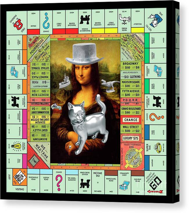 Mona Lisa Canvas Print featuring the mixed media Monopolisa - Mixed Media Pop Art Collage of Mona Lisa on Old Monopoly Gameboard by Steven Shaver