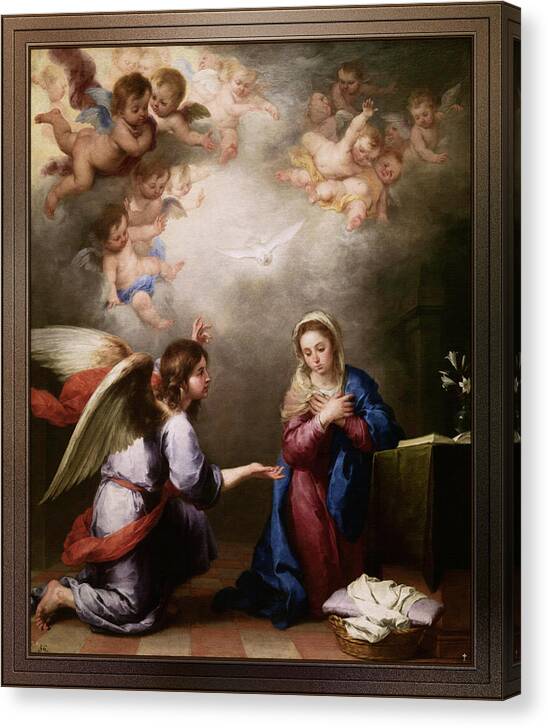 Annunciation Of The Blessed Virgin Mary Canvas Print featuring the painting Annunciation of the Blessed Virgin Mary by Bartolome Esteban Murillo by Xzendor7