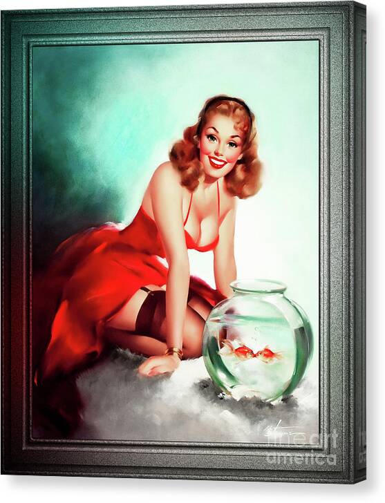 Kissing Fish Canvas Print featuring the painting Kissing Fish by Edward Runci Vintage Pin-Up Girl Art by Xzendor7
