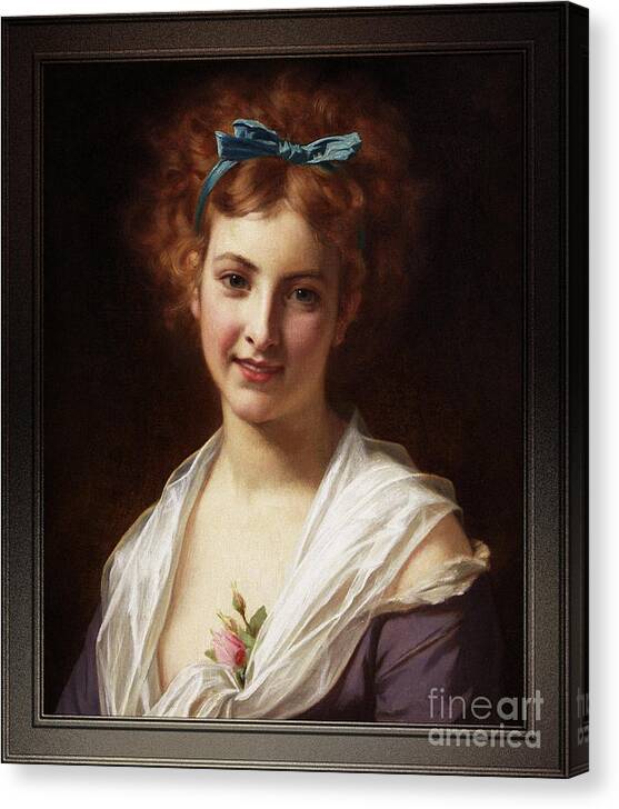 Young Lady With Blue Bow Canvas Print featuring the painting Young Lady With Blue Bow by Hugues Merle Classical Art Old Masters Reproduction by Rolando Burbon