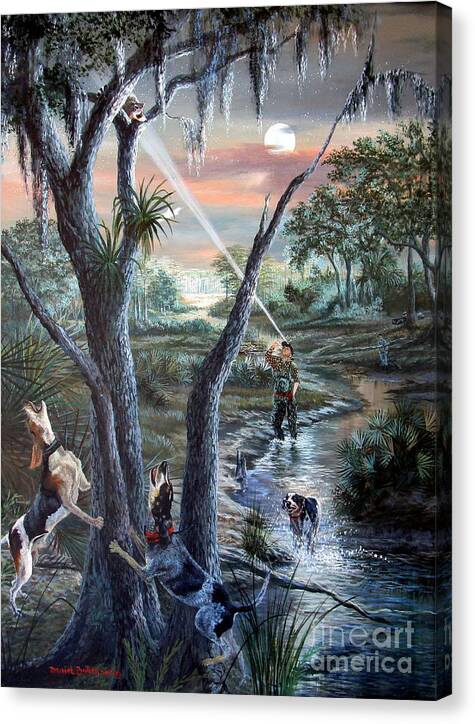 Coon Hunting Canvas Print featuring the painting Coon Huntin the Backwoods- by Daniel Butler