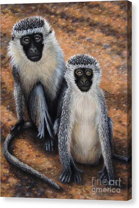 Vervet Monkeys Canvas Print featuring the pastel Roadside Beggars by Wendy Koehrsen