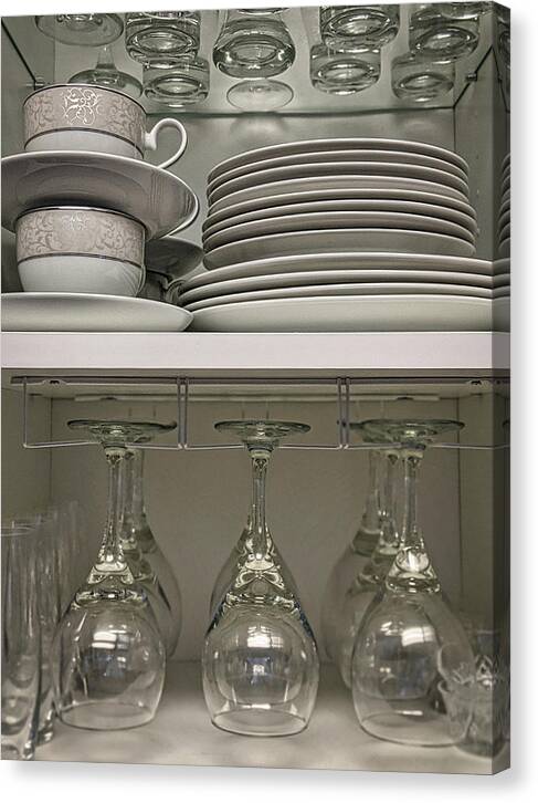 Table Canvas Print featuring the photograph Cupboard - wine glasses and plates by Portia Olaughlin