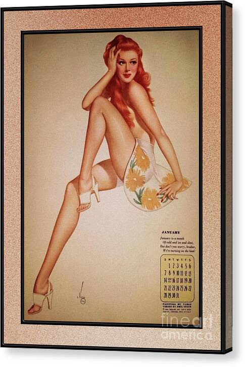 Miss January Canvas Print featuring the painting Miss January Varga Girl 1944 Pin-up Calendar by Alberto Vargas Vintage Pin-Up Girl Art by Rolando Burbon