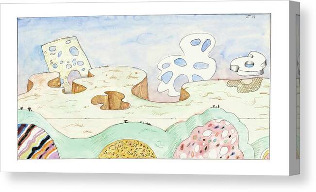 119031 Sst Saul Steinberg Untitled
(landscape With Various Shaped Objects.) Sumnerperm Canvas Print featuring the drawing New Yorker August 9th, 2004 by Saul Steinberg