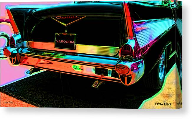 1957 Canvas Print featuring the mixed media 1957 Chevy Art Red Varooom #1957 by Lesa Fine