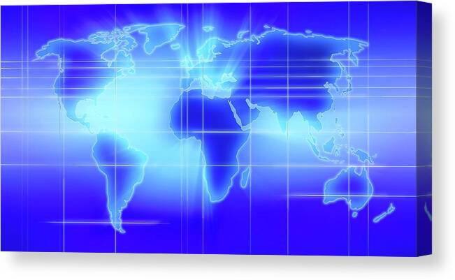 Blue Canvas Print featuring the photograph World Map Illustration With Time Zones #2 by Alfred Pasieka