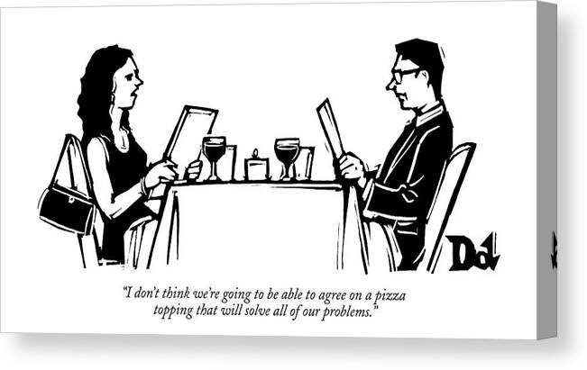 Restaurant Canvas Print featuring the drawing A Man And A Woman Hold Menus And Talk by Drew Dernavich