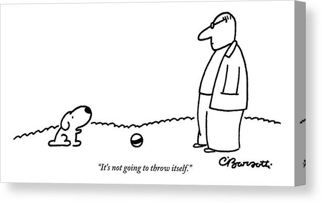Balls Canvas Print featuring the drawing A Small Dog Sits A Short Distance Away by Charles Barsotti