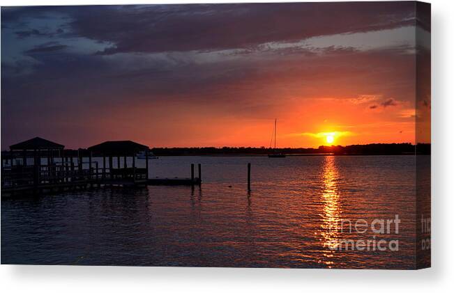 Sunset Canvas Print featuring the photograph Boat House Sunset by Amy Lucid