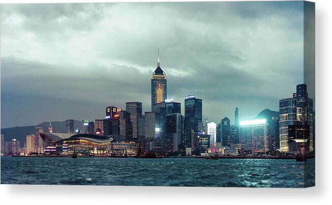 Outdoors Canvas Print featuring the photograph City Skyline Along Victoria Harbour At by D3sign